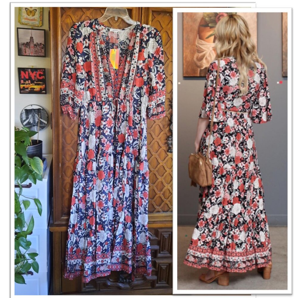 V Neck Tie-Waist Floral Bohemian Maxi Dress Flowy Ruffle w/Slit NWT! - Size S - Picture 1 of 16